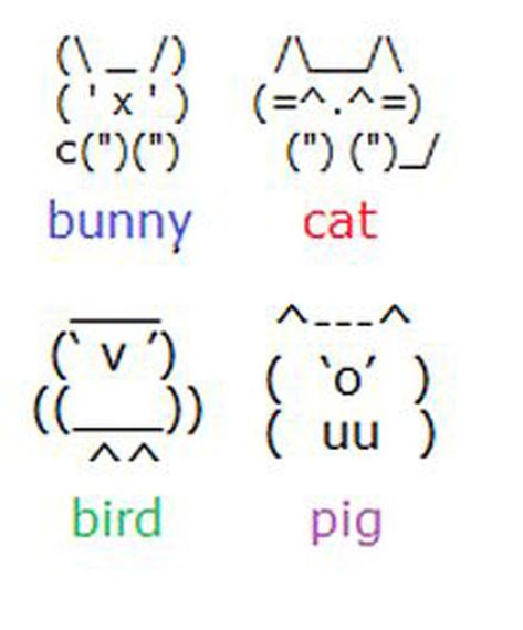 How to make emoticon animals out of punctuation. | 26 Things Every Girl Between The Ages Of 22-28 Knows Keyboard Symbols, Cool Text Symbols, Kraftangan Prasekolah, Emoji Texts, Funny Text Pictures, Organizator Grafic, Sms Language, Text Symbols, Inspirerende Ord