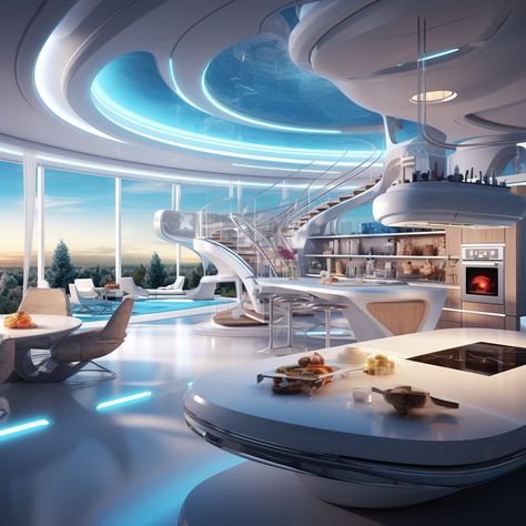 Alien Interior Design, Futuristic House Design Interiors, Futuristic Cafeteria, Futuristic Living Room Interior Design, Futuristic Restaurant Design, Hi Tech Interior, Futuristic Dining Room, Studio Apartment Modern, Futuristic Cafe