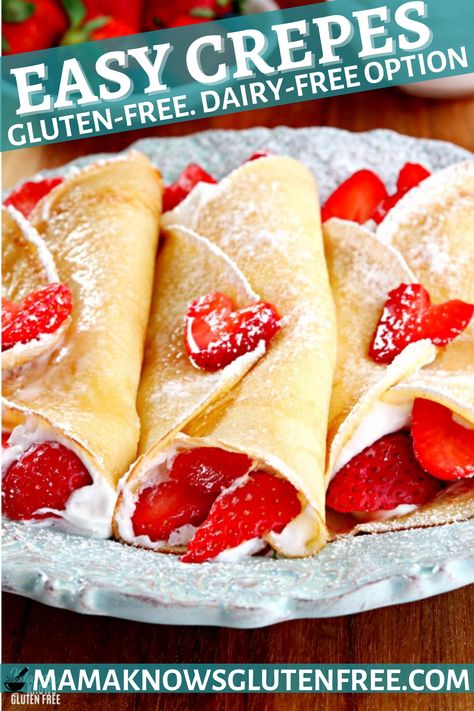 Gluten-free crepes with whipped cream and strawberries on a light blue plate. Gluten Free Sweets, Gluten Free Crepes Recipe, Crêpe Recipe, Gluten Free Crepes, Easy Crepe Recipe, Crepe Recipe, Dairy Free Breakfasts, Gluten Free Recipes For Breakfast, Gluten Free Dairy Free Recipes