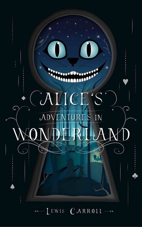 alice in wonderland book cover design with image of keyhole and the silhouettes of alice and the white rabbit inside the keyhole surrounded by a forest and a table set for a tea party off in the distance Alice In Wonderland Book Cover, Alice In Wonderland 1, Alice In Wonderland Poster, Alice In Wonderland Diy, Alice In Wonderland Drawings, Alice In Wonderland Illustrations, Creative Book Covers, Alice In Wonderland Book, Mad Hatter Party