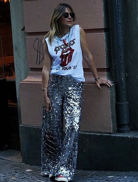 What is Upcoming and Trendy in the Fashion World??? | The Thrill of the hunt Sequin Trousers Street Style, Casual Sequin Pants Outfit, Sequin Trousers Outfits Casual, Style Sequin Pants, Outfit For Concert Night Winter, Wide Leg Sequin Pants Outfit, Sequined Pants Outfit, Sequin Boots Outfit, Sequin Pants Outfit Casual