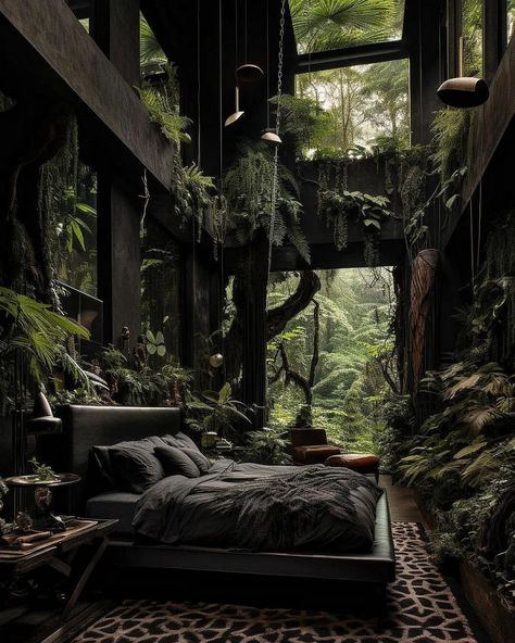 Window Ceiling Bedroom, L Bedroom Design, Living Room Water Feature, Chill Room Ideas Lounges Cozy, House Must Haves Products, Goth Jungle Aesthetic, Dark Forest House Aesthetic, Dark Forest Room Aesthetic, Dark Forest House