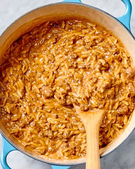 Creamy One-Pot Beef Orzo Recipe | The Kitchn Orzo Hamburger Recipes, Orzo Beef Recipes, Recipes Using Orzo, Ground Beef Orzo Recipes, Ground Beef Orzo, Beef Orzo, Ground Beef Meatballs, Orzo Recipe, Ground Beef Pasta