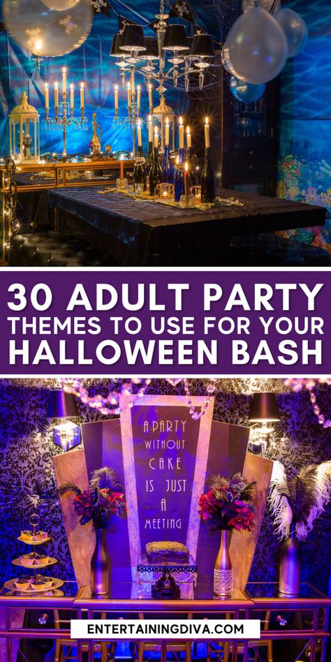 Funny Themed Parties, Halloween Birthday Theme For Adults, Halloween Indoor Party Decorations, Bar Halloween Party Ideas, 50th Birthday Party Halloween Themed, Halloween Party For Adults Ideas, Halloween Themed Party For Adults, Surprise Halloween Birthday Party, Halloween Party Themes For Adults Ideas