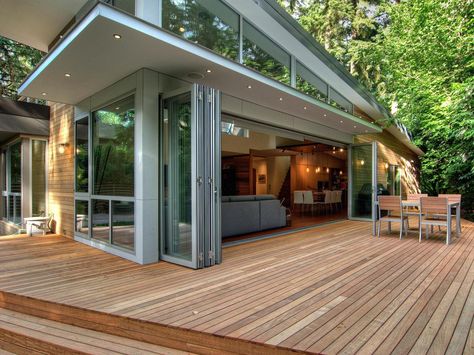 Your deck project is just about ready to roll, so browse these custom deck options for inspiration. Bifold Door Ideas, Parrilla Exterior, Folding Patio Doors, Glass Wall Systems, Balkon Decor, Sliding Doors Exterior, Glass Doors Patio, Folding Glass Doors, Wooden Deck