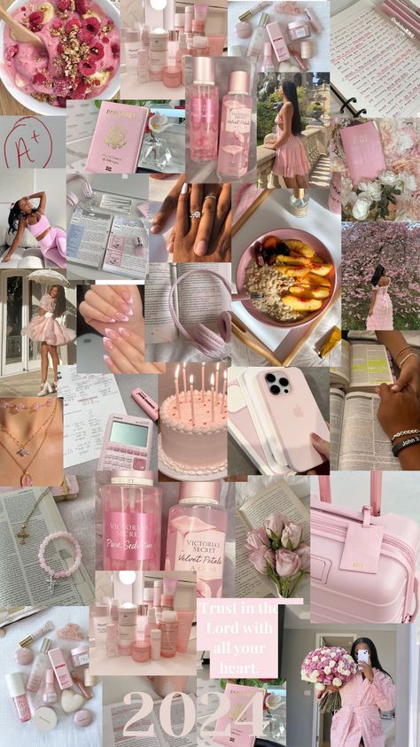 pink aesthetic vision board 2024 #pink #aesthetic #visionboard 2025 Vision Board, Pink Vision Board Pictures, How To Make A Vision Board, Pink Aesthetic Vision Board, Pink Vision Board, Aesthetic Visionboard, Notion Library, Motivational Aesthetic, Vision Board Journal