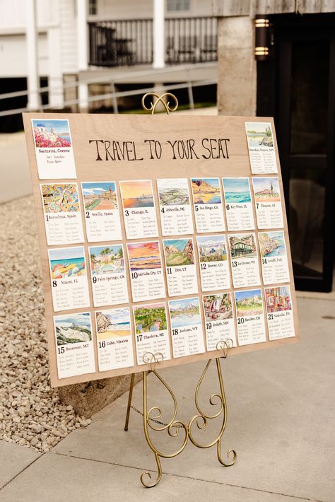 Explore a unique love story through art with this one-of-a-kind seating chart, adorned with hand-painted locations that hold significance for the bride and groom. 🎨✨ This personalized masterpiece replaces traditional table numbers with cherished memories, making every seat a part of their journey. Crafted with love by a bridesmaid, it's a heartfelt touch that transforms the wedding experience into a visual tale of their adventures. Table Name Card Wedding, Seating Chart Display Unique, Wedding Table Number Unique, Creative Find Your Seat Wedding, Bird Seating Chart, Table Number Display Wedding, Wedding Table Assignment Ideas Diy, Wedding Table Numbers Locations, Travel To Your Seat Wedding