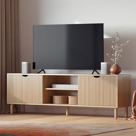 Contemporary Living Room Tv Stand, Tv Console Stand, Tv On Tv Stand, Ribbed Tv Stand, Tv Stand Decor Modern, Wooden Cabinets Living Room, Tv Cabinet Styling, Tv Table Decor, Scandinavian Tv Console