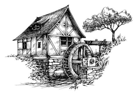 Old water mill sketch. Artistic black and white drawing of an old watermill , #SPONSORED, #sketch, #Artistic, #water, #mill, #drawing #ad Barn Drawing, Ako Kresliť, Organizator Grafic, Landscape Pencil Drawings, Building Drawing, Pen Art Drawings, Water Mill, Water Wheel, House Drawing