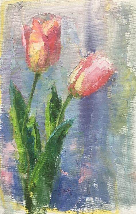 Flowers Pastel Painting, Flowers In Pastel Painting, Pastel Inspo Art, Pink Tulips Painting Acrylic, Tulips Pastel Drawing, Tulips Art Drawing, Tulips Abstract Painting, Tulips Art Painting, Tulip Oil Pastel Drawing