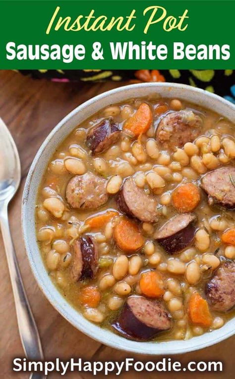 Instant Pot Sausage and White beans with smoky kielbasa, garlic, carrots, and white beans. Cook the beans from dry for a tasty pressure cooker sausage and beans favorite. simplyhappyfoodie.com #instantpotrecipes #instantpotbeans #instantpotsausageandwhitebeans #pressurecookerbeans #pressurecookersausageandbeans Sausage White Bean Soup, Sausage And White Beans, White Bean Sausage Soup, Sausage White Bean, Pressure Cooker Beans, Instant Pot Sausage, Bean And Sausage Soup, Dry Beans Recipe, Garlic Carrots