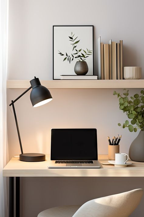 Study Room Aesthetic Minimalist, Airbnb Office Space, Bedroom And Workspace Ideas, Desk In Living Room Ideas Layout, Neutral Desk Setup, Scandinavian Home Office Design, Desk Inspiration Office, Work From Home Bedroom, Minimalist Office Ideas