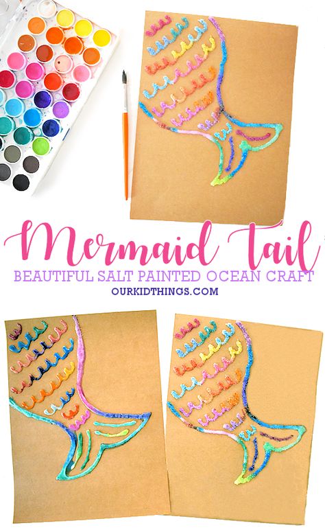 Salt Paint Mermaid Tail with Free Printable Template Summer Craft for Kids Salt Painting Mermaid Tails Craft, Mermaid Tail Craft Preschool, Mermaid Art For Preschool, Mermaid Learning Activities, Mermaid Art Preschool, Mermaid Toddler Craft, Mermaid Craft Preschool, Easy Mermaid Craft, Mermaid Tail Template Free Printable