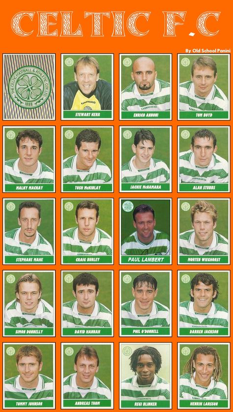 Celtic team stickers in 1998-99. Celtic Team, Henrik Larsson, Celtic Football, Celtic Legends, Glasgow Green, Glasgow Celtic, Soccer Teams, Liverpool Players, Celtic Fc