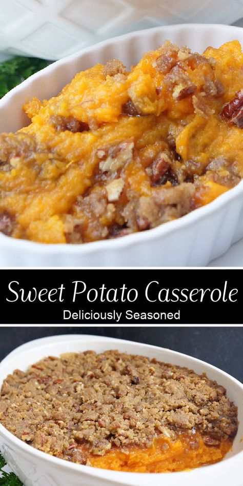 Sweet Potato Casserole is a delicious side dish that is also dessert worthy, with a delicious brown sugar pecan crust on top. Sweet Potato Casserole With Pecan Crust, Candied Sweet Potato Recipes, Canned Sweet Potato Casserole, Sweet Potato Casserole With Pecans, Bacon Potato Casserole, Baked Sweet Potato Casserole, Sweet Potato Tater Tots, Pork Casserole, Sweet Potato Pecan