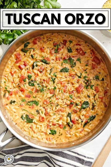 Orzo Pasta Soup Recipes, Orzo Pasta Meals, One Pot Dishes Healthy, Orzo Meals Main Dishes, Creamy Orzo Tuscan Chicken, Tucson Chicken Orzo, Italian Weeknight Dinner, Saffron Orzo Recipes, Casserole Dish Meals