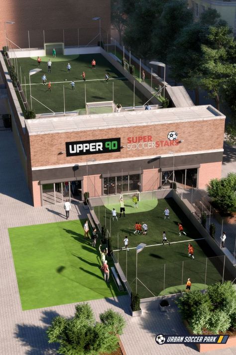 Rendering with two soccer fields. One rooftop soccer field and one in front of a building. Sports Training Facility, Indoor Soccer Field, Futsal Court, Outdoor Sports Court, Abandoned Mansion For Sale, Sports Facility Architecture, Backyard Sports, Modern Restaurant Design, Corporate Interior Design