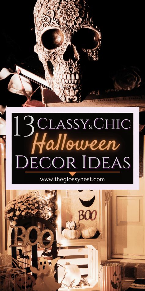 Suitably spooky & effortlessly chic! Here are some classy Halloween decor ideas that you'll want to try this year for sophisticated Halloween decor. Featuring indoor, outdoor DIY classy, elegant Halloween decor for your front porch, door & yard, entry table, fireplace & mantle, staircase, living room, kitchen, window & wall using candle holders, sculptures & statues, witches, wreaths, garland & vases. Simple, modern, glam, goth, gold, black & white chic Halloween decor ideas for a luxury look! Halloween Decor Townhouse, Halloween Decor Wall Ideas, Brick Wall Halloween Decor, Elegant Outdoor Fall Decor, Luxe Halloween Decor, French Halloween Decor, Spooky Indoor Decor, Faux Fireplace Halloween Decor, Halloween Decorations Front Of House