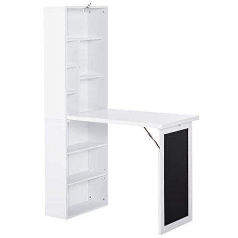 HOMCOM Fold-out Convertible Writing Desk Wall Mount Cabinet with Blackboard and Side Shelf Multi-Function Home Office Workstation, White 98 x 51 cm Fold Table, Convertible Desk, Desk And Storage, Fold Out Desk, Folding Computer Desk, Fold Down Desk, High Desk, Side Shelf, Foldable Desk