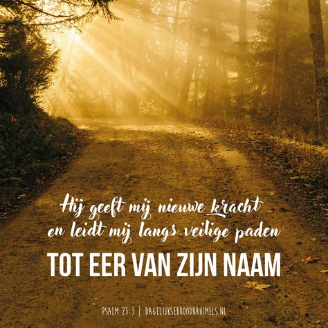 Hij geeft mij nieuwe kracht en leidt mij langs veilige paden tot eer van Zijn Naam. Psalm 23:3 Niet tot eer van onszelf, nee tot eer van Hem. Hij geeft ons kracht om Hem de eer te geven. Hoe vaak doen we dat? Willen we niet vooral kracht ontvangen tot eer van onszelf?   #Eren, #God, #Kracht, #Veilig, #Volgen  https://www.dagelijksebroodkruimels.nl/psalm-23-3/ Psalms, Texts, Life Quotes, Psalm 23 3, Woord Van God, Thank You Lord, Psalm 23, Bible Words, Gods Love