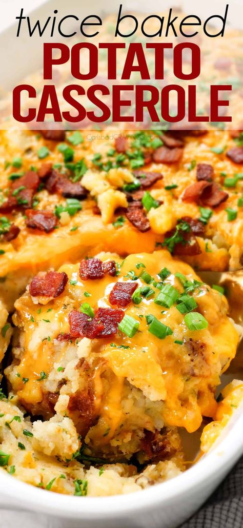 Twice Baked Mashed Potato Casserole - Carlsbad Cravings Breakfast Potatoes Make Ahead, Twice Baked Potatoe Casserole, Baked Mashed Potato Casserole, Potluck Potatoes, Twice Baked Potato Casserole Recipe, Potato Casserole Recipes, Twice Baked Mashed Potatoes, Easy Twice Baked Potatoes, Best Twice Baked Potatoes