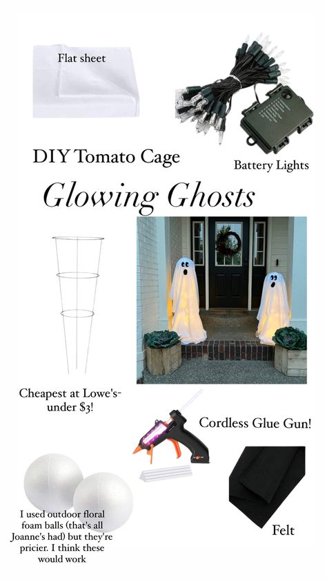 Sheet Ghost Tomato Cage, Diy Halloween Light Up Ghost, Cheap Easy Halloween Decorations Diy Front Porches, Tomato Cage Diy Crafts, Fall Decor Using Tomato Cage, Tomato Planter Ghost, Tomato Plant Stand Ghost, Halloween Front Walkway, Yard Ghosts Tomato Cage