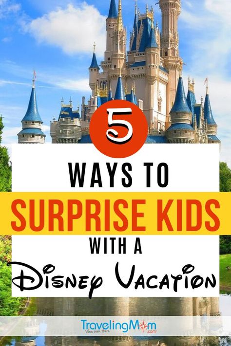 Looking for fun ways to reveal a Disney vacation? Here are 5 ideas to surprise kids with a Disney trip with tips for timing, gift giving and even dealing with disappointment. #TMOM #Disney #DisneyTips #Surprise | TravelingMom | Disney World Surprise Your Going To Disney World, Disneyland Trip Surprise Ideas, Disneyland Suprise Ideas, Disney Christmas Present Ideas, Disneyland Paris Surprise Ideas, Disney World Christmas Gift Ideas, Disney Birthday Surprise Ideas, Disney Vacation Surprise Reveal, Disney Surprise Box Ideas Diy