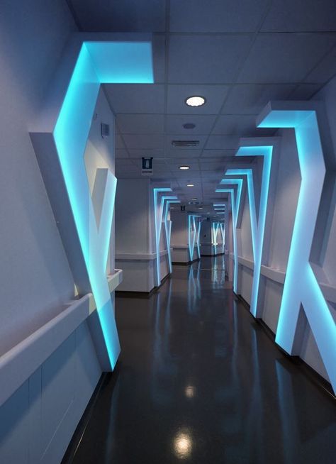 Acropolis, Interior Design Pictures, Spaceship Interior, Futuristic Aesthetic, Hospital Interior, Blue Lights, Hospital Interior Design, Futuristic Interior, Hospital Design