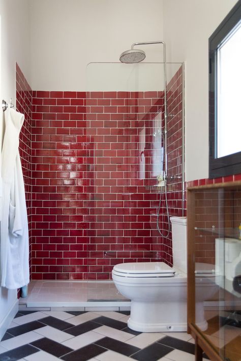 Tile Decorating Ideas and Inspiration | Apartment Therapy Red Tile Bathroom, Tile Bathroom Design, Red Bathroom Decor, White Bathroom Tiles, Shower Drains, Red Tiles, Bathroom Red, Unique Tile, Downstairs Bathroom