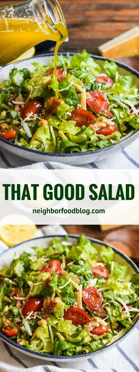 That Good Salad earned its name by being the talk of every potluck and dinner party. With bacon, Parmesan, tomatoes, and a lemon garlic dressing, it's always a hit! Best Green Salads For Parties, That Good Salad, Lettuce Salad Ideas, Salad Dinner Party, Dinner Party Salad, Lemon Garlic Dressing, Parmesan Tomatoes, Low Carb Veggie, Potluck Salad