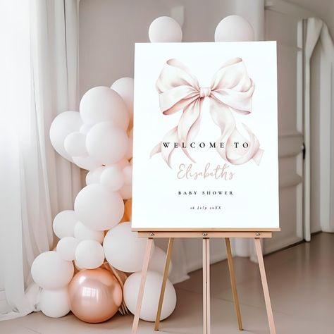 Pink Bow Baby Shower Welcome Sign | Zazzle Baby Shower Welcome Sign Pink, Ballerina Themed Baby Shower Ideas, Santa Baby Baby Shower Theme Pink, Pink Toile Baby Shower Theme, Pink Bow Party Theme, Bows And Pearls Baby Shower Theme, Pink Bows Baby Shower Theme, Light Pink Baby Shower Decor, Baby Shower Bow Theme