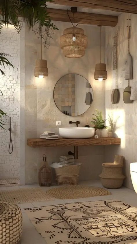 Creative Bathroom Design Unique, Boho Inspired Bathroom, Tuscan Bedroom Decor, Rustic Boho Bathroom, Earthy Bathroom Ideas, Blue Boho Bedroom, Teal Bedroom Walls, Bohemian Bathroom Ideas, Boho Bathroom Decor Ideas