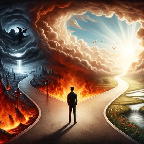 A person standing at a crossroads, looking towards the left where there is a dramatic, fiery landscape representing hell, with dark skies and ominous flames. To the right, a serene and beautiful depiction of heaven, with bright light, peaceful clouds, and a sense of tranquility. The person appears contemplative, symbolizing the choice between good and evil. The scene is detailed and visually striking, capturing the stark contrast between the two paths. Evil Background, Jesus Love Images, A Person Standing, Christian Background Images, The Policeman, Heaven Images, Caim E Abel, Path To Heaven, Jesus Background