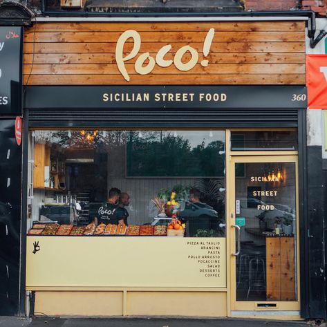 Poco! Sicilian Street Food Restaurant Branding by Passsport Design Bureau - Grits & Grids® Street Food Restaurant, Pizzeria Design, Street Food Design, Small Restaurant Design, Cafe Exterior, Mini Cafe, Small Coffee Shop, Food Kiosk, Restaurant Exterior