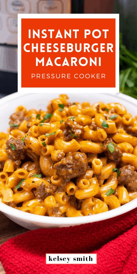 Cheeseburger Macaroni in a bowl garnished with fresh parsley. Instant Pot Cheeseburger Macaroni, Cheeseburger Macaroni, Beef Ground, Instant Pot Pasta Recipe, Macaroni Recipes, Ground Beef Recipes Healthy, Ground Beef Dishes, Pot Recipes Easy, Hamburger Helper