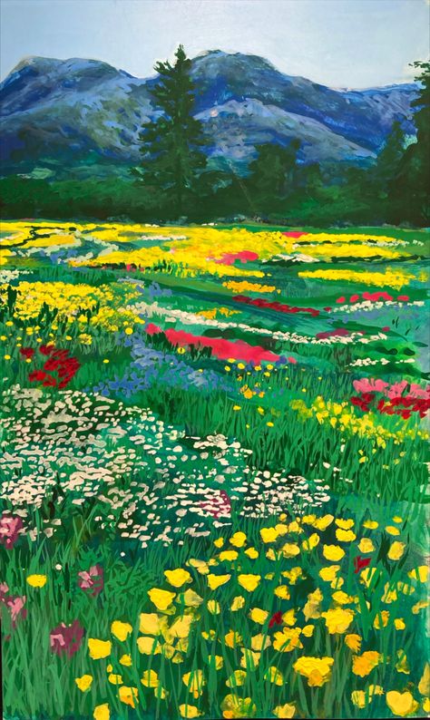 Field Aesthetic Landscape, Daisy Field Aesthetic, Green And Yellow Aesthetic, Art Aesthetic Painting, Flower Feild, Gouache Flowers, Field Aesthetic, Japan Flower, Aesthetic Landscape