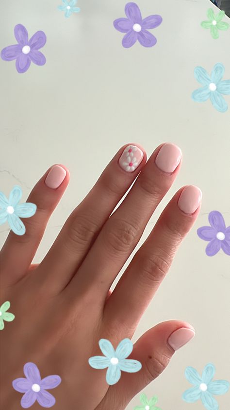 Cute Short Nails Ideas Simple Pastel, Gel Nail Ideas Natural Nails, Girls Gel Nail Designs Kids, Short Nail Ideas Flowers, Short Nails For Kids 9-10, Pink Nails With Flower On Ring Finger, Short Acrylic Nails No Design, Gel Nail On Natural Nails, Cute Nails For Little Kids