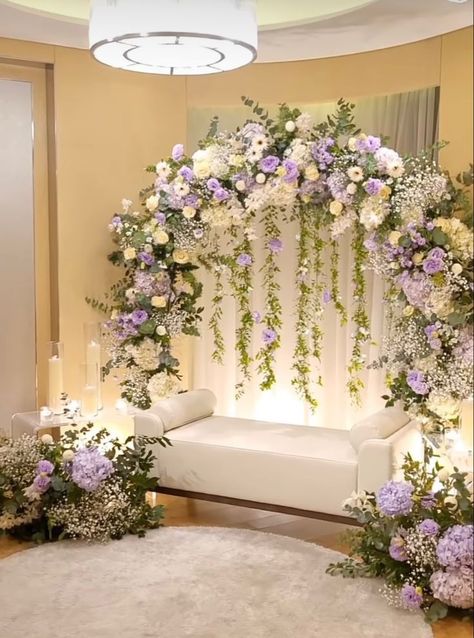 Blue Nikkah Decor, Garden Wedding Photo Booth, Small Elegant Wedding Reception, Quince Sign In Ideas, Quinceanera Garden Theme, Purple And Green Wedding Decorations Table Centerpieces, Ring Backdrop Wedding, Quince Ideas Purple, Shaadi Theme