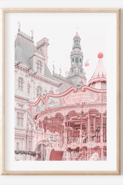 An original photography print of the vintage Carrousel La Belle Epoque at the Hotel de Ville in Paris. A Parisian print that would look gorgeous in any pink aesthetic bedroom, girls nursery or dorm room. Be sure to pop by and check out all of my original photography and travel art prints at: https://wanderlyart.etsy.com Pastel, French Parisian Bedroom, Paris Bedroom Ideas For Kids, Paris Aesthetic Bedroom, Paris Aesthetic Room, Fairy Forest Bedroom, Pink Paris Bedroom, Pink Aesthetic Bedroom, Paris Inspired Bedroom