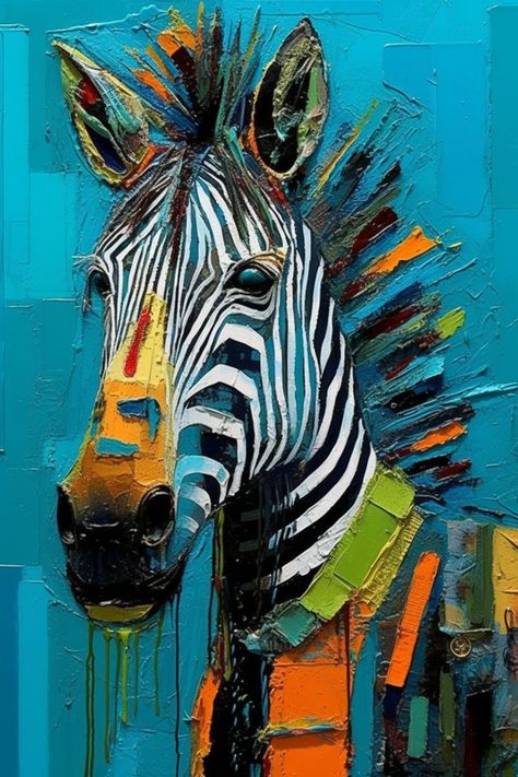 Contemporary art with this striking abstract print featuring a charming zebra. Dominant hues of turquoise, black, and hints of blue complemented by vibrant green, yellow, and orange tones. Emulating the textured brushstrokes of acrylic and oil paints on canvas, this artwork creates a beautiful yet enigmatic masterpiece. Perfect for enthusiasts of modern art, adorn your decor, clothing, gadgets, pastel accessories, and bath essentials with this alluring print! #GiveMeMod #HomeDecorIdeas Zebra Painting Acrylics, Zebra Abstract, Pastel Accessories, Zebra Painting, Zebra Canvas, Zebra Art, Abstract Art Inspiration, Bath Essentials, Modern Art Paintings