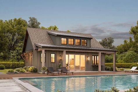 This plan would make... - Architectural Designs - House Plans Cool Pool House Ideas, Guest House With Outdoor Kitchen, Pool Guest House Plans, Pool House Plans Guest Suite, Casitas Guest House, Pool House Guest House Combo, Guest House Floor Plans, Guest Pool House, Poolhouse Guesthouse