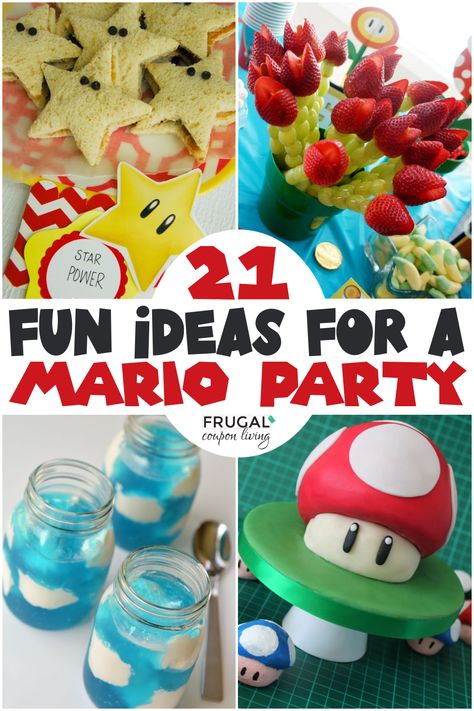 Mario Fruit Platter, Mario Bros Snack Ideas, Mario Movie Night Ideas, Nintendo Food Ideas, Super Mario Drink Ideas, Super Mario Dinner Ideas, Super Mario Veggie Tray, Toad Cupcakes Mario Brothers, Easy Food Party Ideas