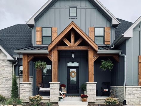 Sage Colored House Exterior, Navy Blue Home Exterior, House Paint Exterior Colour Schemes Gray, Cottage Siding Exterior, Exterior House Colors With Black Roof, Blue Green Exterior House Colors, Mountain Farmhouse Exterior, Board And Batten House Exterior, Grey Board And Batten