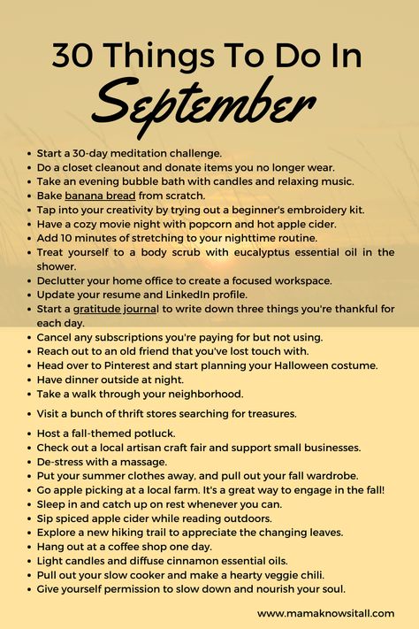 30 Things to Do For You in September - Mama Knows It All September List To Do, What To Do In October, September Rituals, Self Care September Challenge, Movies To Watch In September, What To Do In September, Fun Things To Do In September, September Goals List, September Things To Do