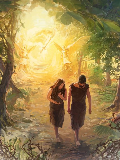 As Adam and Eve leave the garden of Eden, angels and a sword of fire guard the entrance Biblical Artwork, Jesus Scriptures, Bible Images, Bible Illustrations, Bible Characters, Bible History, Prophetic Art, Bible Pictures, Ayat Alkitab