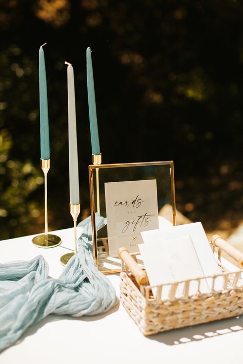 Wedding welcome table with custom wood sign guestbook for guests to sign, blue cheesecloth draping, blue taper candles, and gold accents. A summer wedding at La Cuesta Ranch in SLO, California by Phoenix wedding photographer Poppy and Vine. Wedding Gifts Table Decorations, Wedding Guest Check In Table, Garden Wedding Gift Table, Gift And Guest Book Table Wedding, Wedding Table Welcome, Simple Guest Table Wedding, Modern Wedding Gift Table, Cards And Guest Book Table, Wedding Table Guest Book