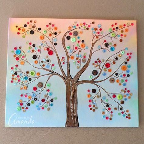 Button Tree Canvas, Button Tree Art, Button Art On Canvas, Vintage Buttons Crafts, Button Art Projects, Button Canvas, Buttons Crafts Diy, Crafts By Season, Button Tree