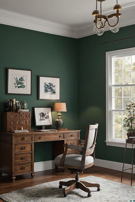 home decor interior design, interior bedroom design, kitchen designs, living room interior Dark Green Wall Office, Dark Green And White Office, Dark Green Aesthetic Office, Forest Green Study, Green And Wood Office, Dark Green Wainscoting, Hunter Green Office, Green Accent Wall Office, Dark Green Office Ideas