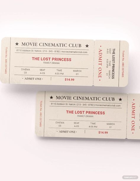 Vintage Ticket Template, Vintage Ticket Design, Movie Ticket Aesthetic, Cinema Ticket Design, Movie Ticket Design, Vintage Movie Ticket, Ticket Invitation Design, Ticket Sample, Movie Template