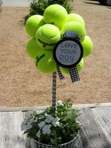 How to make a Tennis Ball Topiary! Great for puppy parties! Perfect for tennis and dog lovers! More at #lorisgolfshoppe Tennis Ball Wreath, Tennis Ball Crafts, Tennis Decorations, Tennis Crafts, Tennis Ideas, Tennis Party Decorations, Ball Topiary, Tennis Party, Fund Raiser